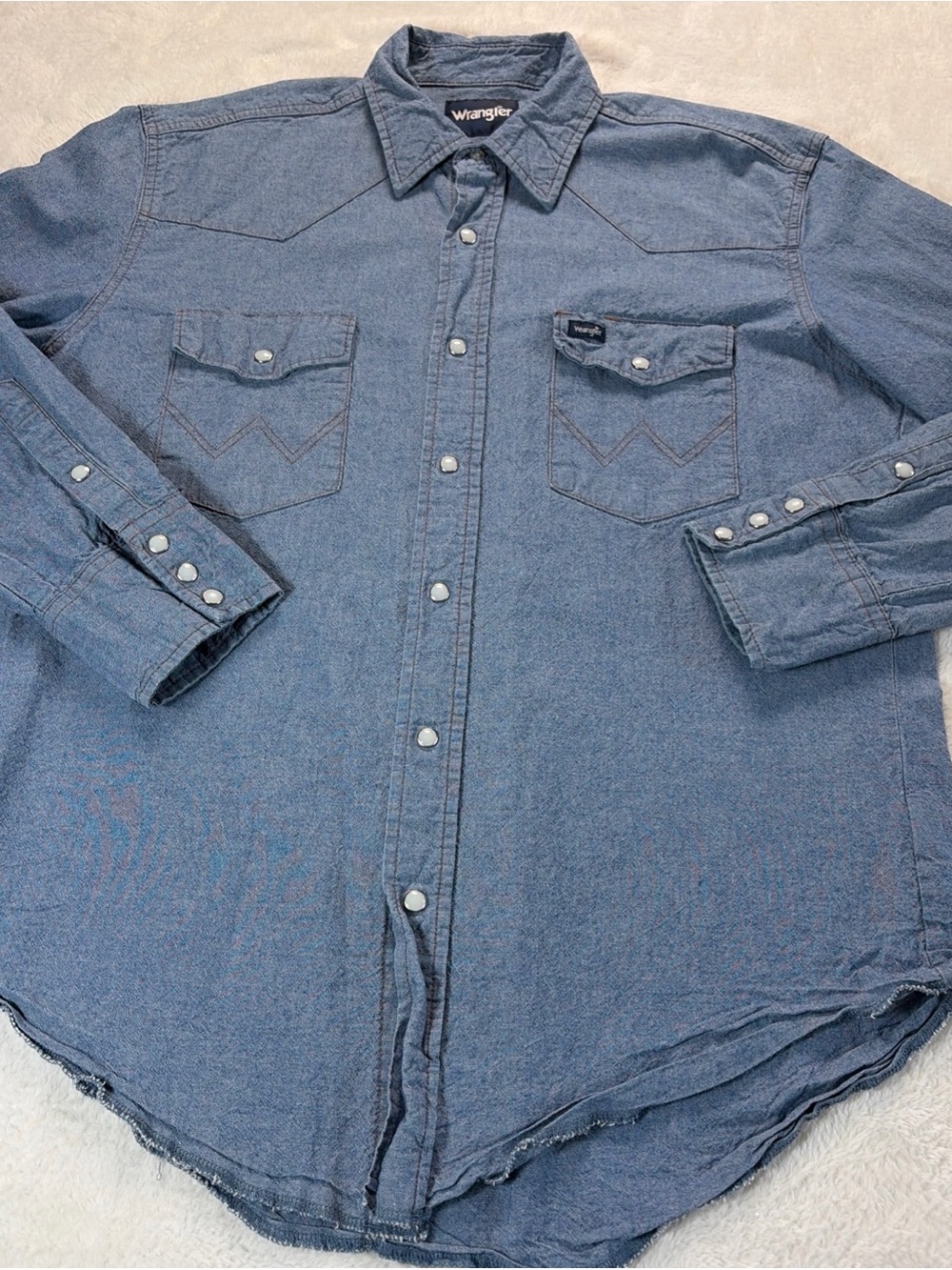Wrangler Men’s Blue Denim Pearl Snap Western Shirt Long Sleeve Size Large